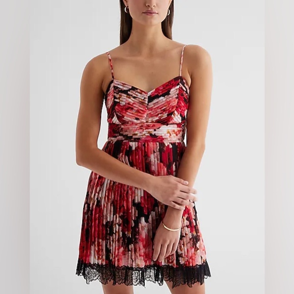 Floral V-Neck Pleated Lace Trim Mini Dress